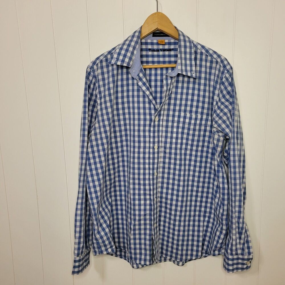 Taylor Vintage Shirt Mens Large Blue White Checkered Plaid Preppy Performance